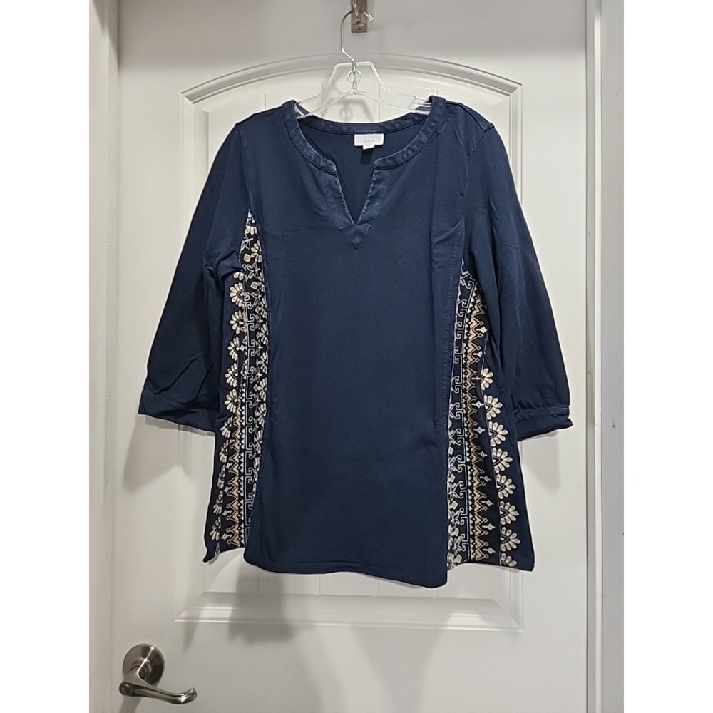Pure Jill J. Jill Navy Blue Cotton Embroidered Side Tunic Top 3/4 Sleeve Large